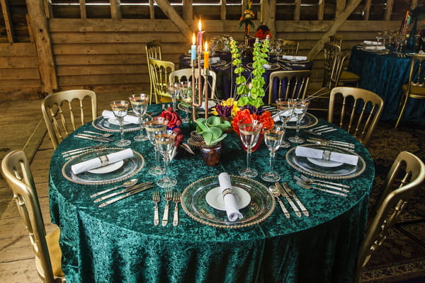 Wedding table with turquoise tablecloth