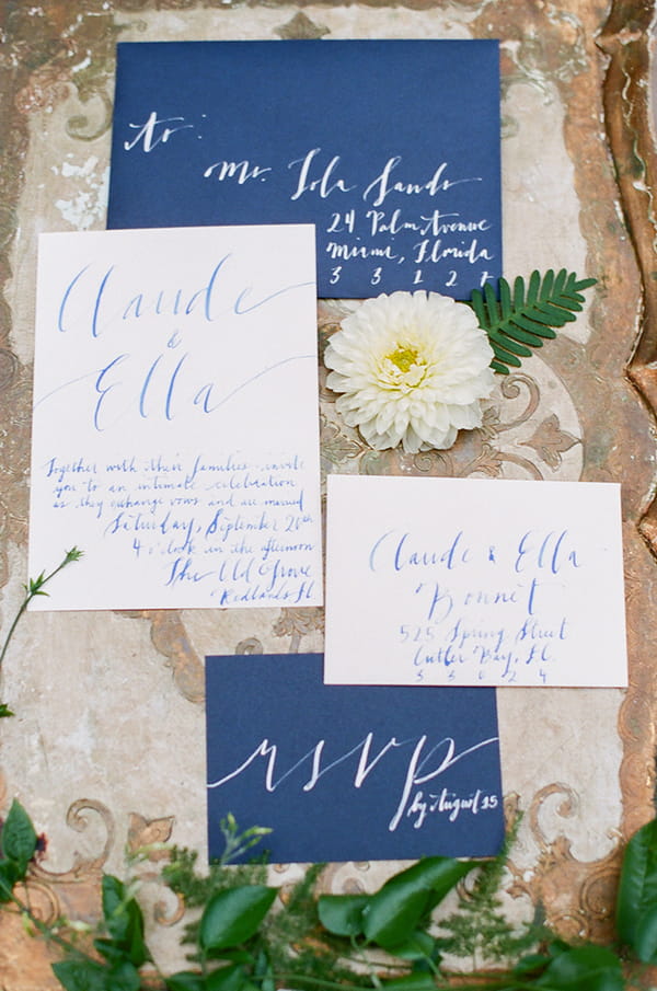 Blue handwritten wedding stationery