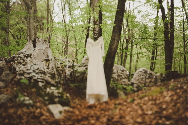 Vintage wedding dress hanging in woods