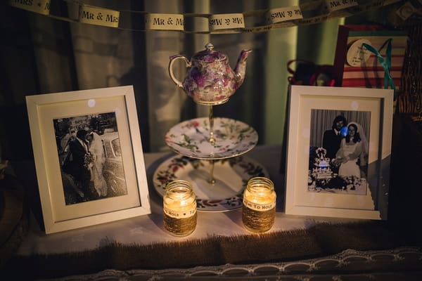 Photographs and vintage cake stand