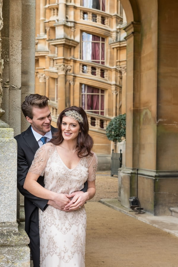 Bride and groom outside Waddesdon Manor