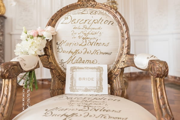 Bride name card on elegant chair