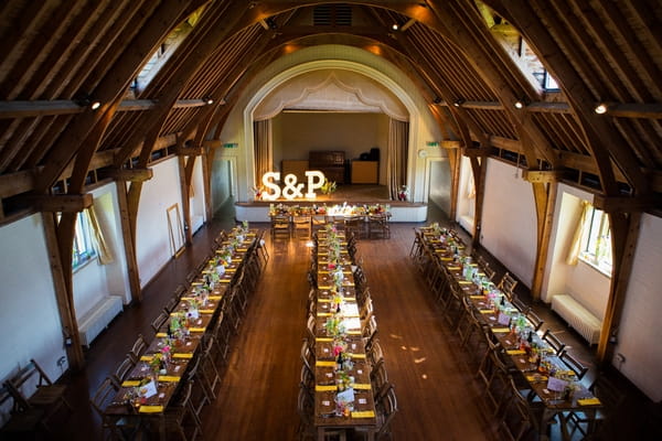 Long wedding tables in village hall