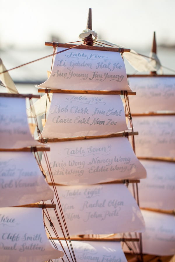 Wedding guest names on sails of model ship