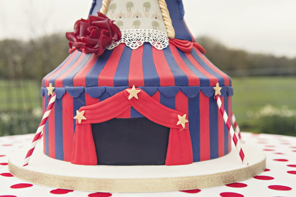 Circus tent entrance on carnival wedding cake