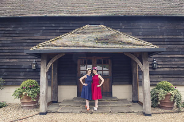 Brides in red and blue vintage wedding dresses