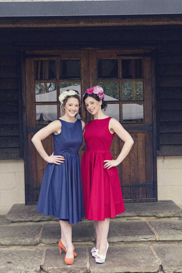 Brides in red and blue vintage wedding dresses