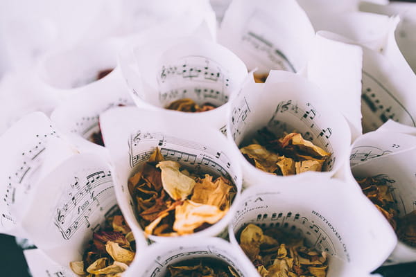 Confetti in cones made of sheet music
