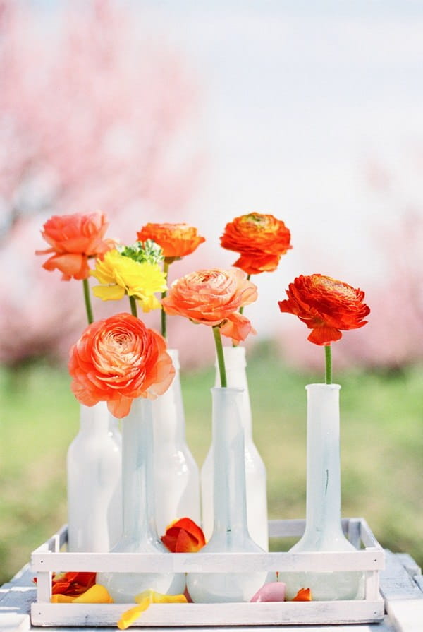 Orange flowers in tall, thin bottles