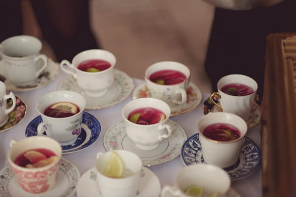 Teacups of wedding welcome drinks