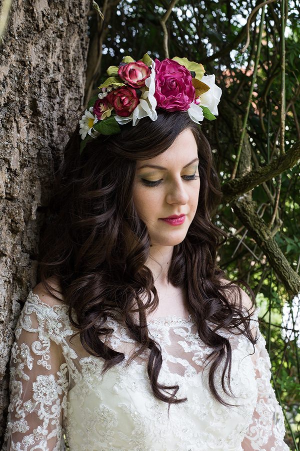 Vintage bride wearing flower crown