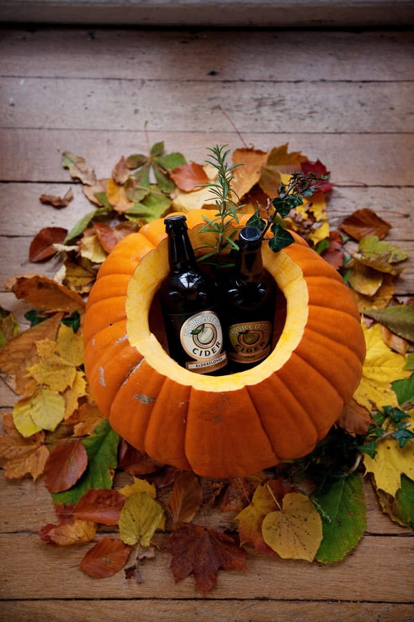 Bottles of cider in pumpkin