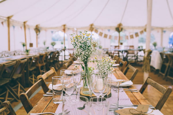 Vintage wedding table styling on long wedding tables