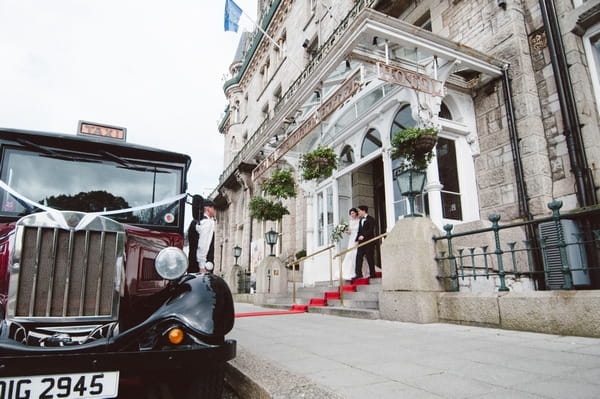 Bride and groom leaving Duke of Cornwall Hotel