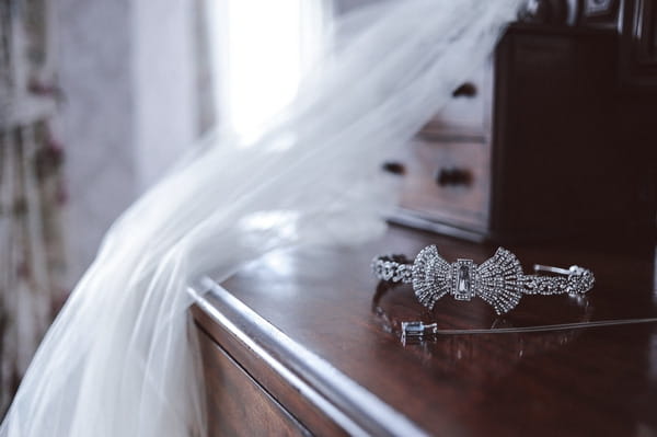 Bridal hairpiece on dresser