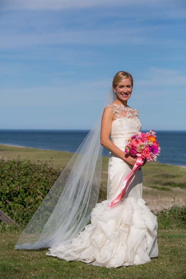 Bride with colourful bouquet on Nantucket Island