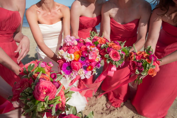 Bride and bridesmaids' colourful bouquets