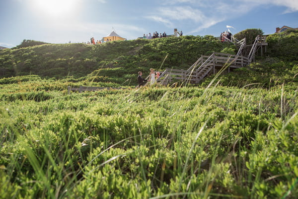 Bridal party walking up steps to reception on Nantucket Island