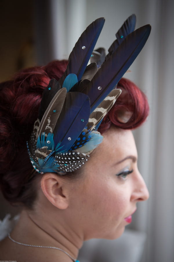 Blue feather wedding hairpiece