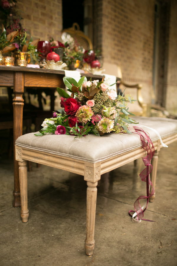 Stool with large bridal bouquet