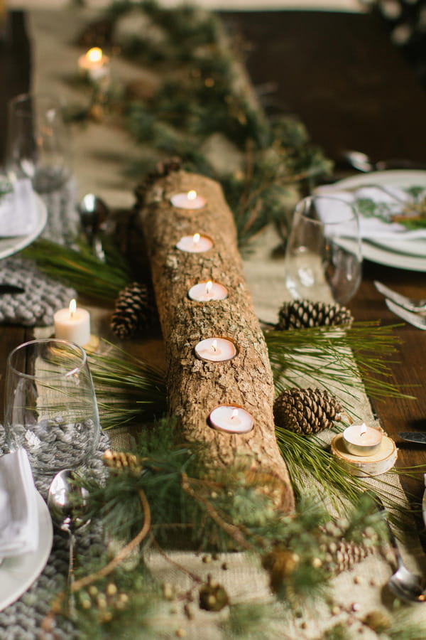 Christmas log wedding table centrepiece