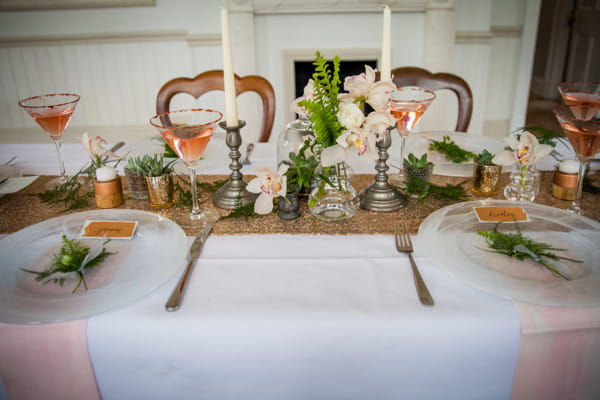 Wedding table with copper sequin table runner and blush details