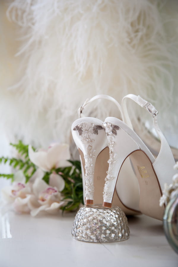 Detail on heel of wedding shoes