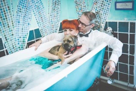Bride and groom in bath with a dog - Picture by My Beautiful Bride