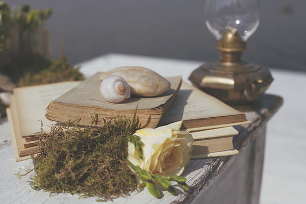 Books, shells and flower