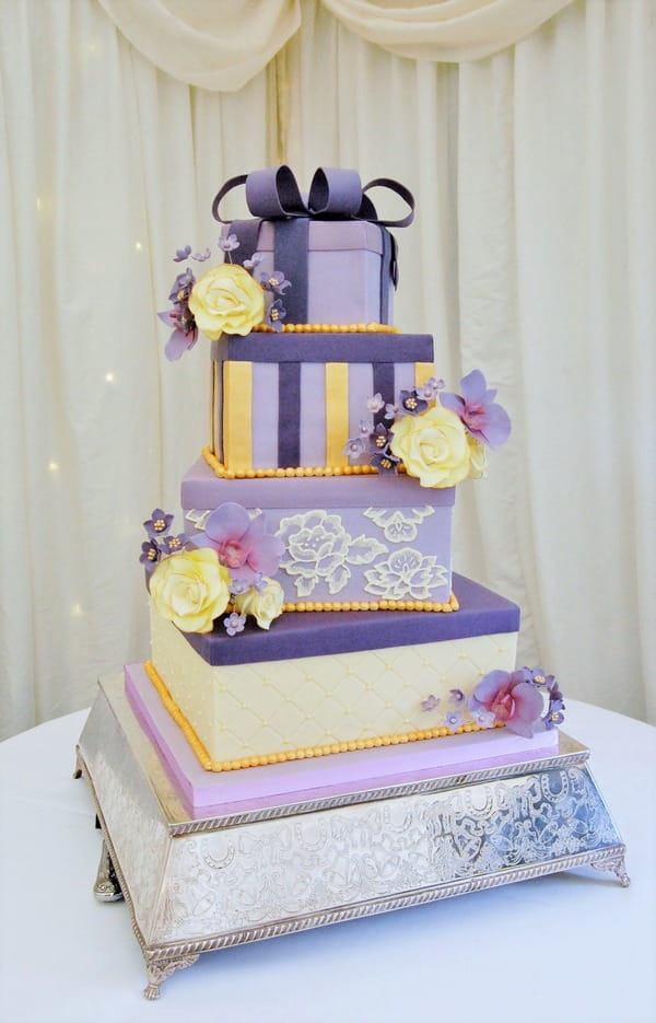 Gift Boxes Purple, Cream and Gold Cake - Tiers of Happiness