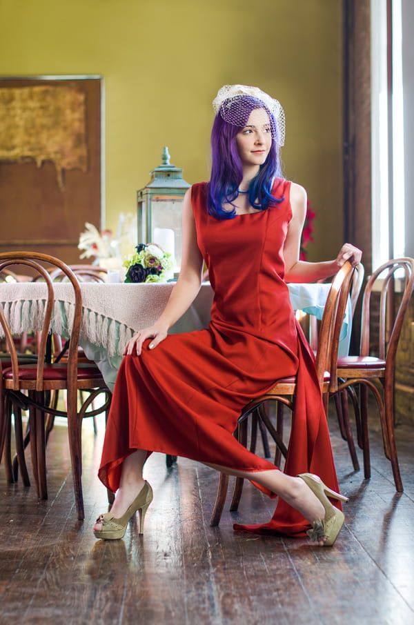 Bride wearing red vintage wedding dress