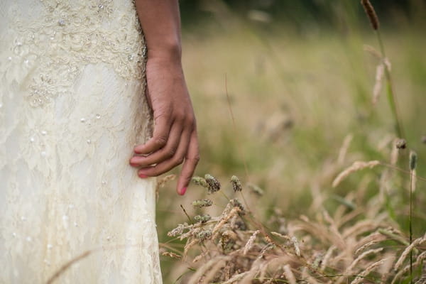 Bride's hand by corn in meadow