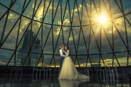 Bride and groom at the top of The Gherkin - Picture by Sean Gannon Photography