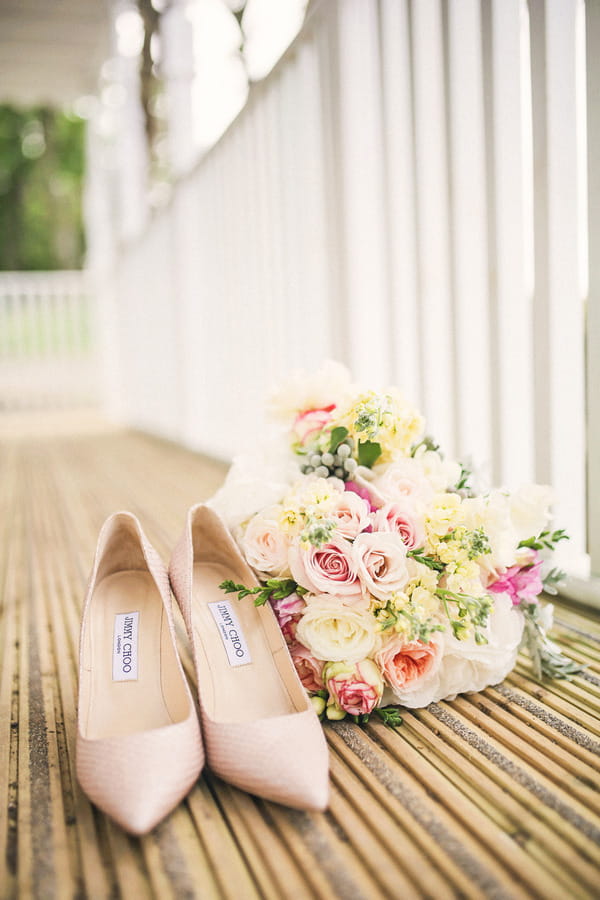 Jimmy Choo wedding shoes and bouquet