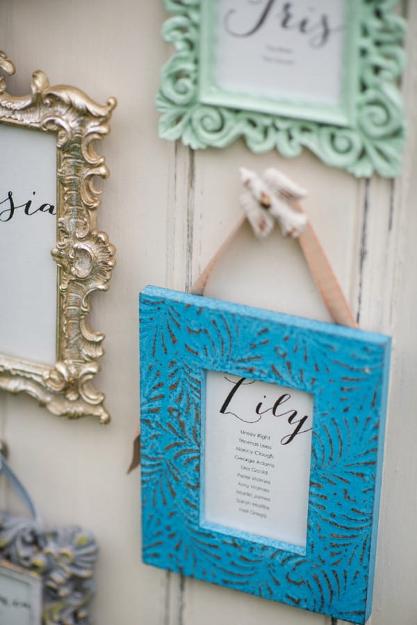 Bright blue picture frame on wedding seating plan