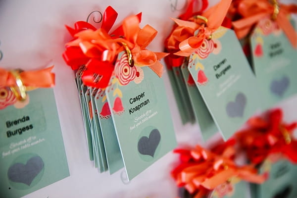 Duck egg blue and orange cards on wedding table plan