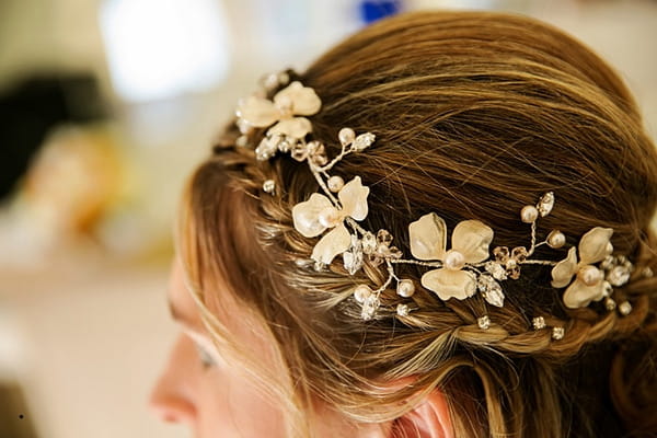 Flower band in bride's hair