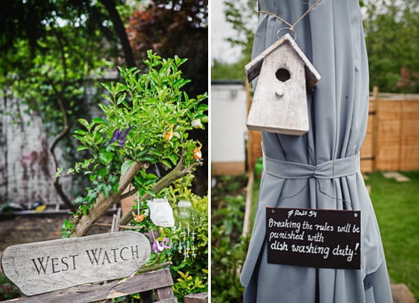 Sign and birdhouse