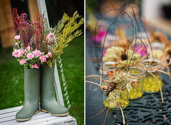 Flowers in Wellington boots and small jars of dried flowers