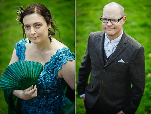 Bride with blue top and groom