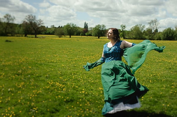 Bride wearing green wedding dress