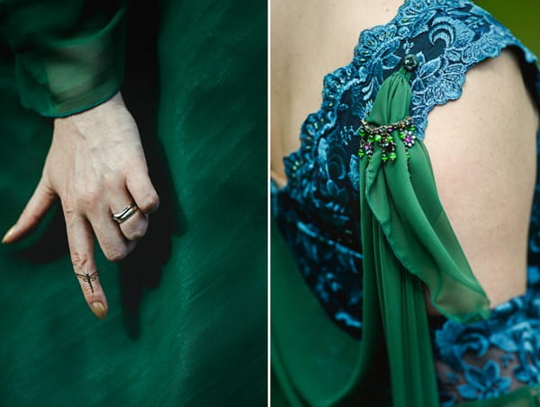 Detail on bride's green wedding dress