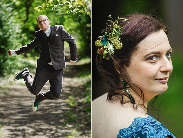 Groom jumping and bride's hair accessory