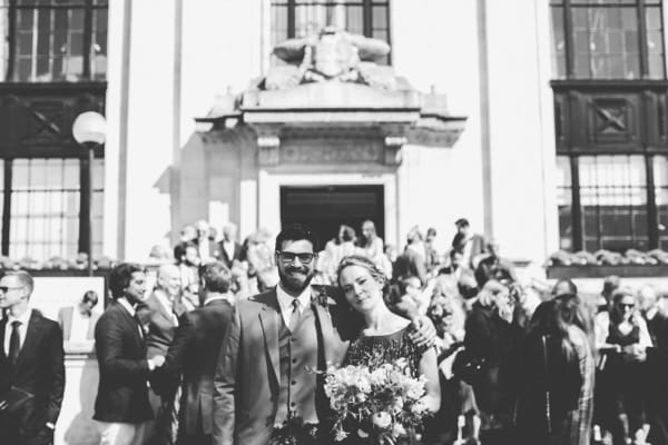 Bride and groom outside Islington Town Hall