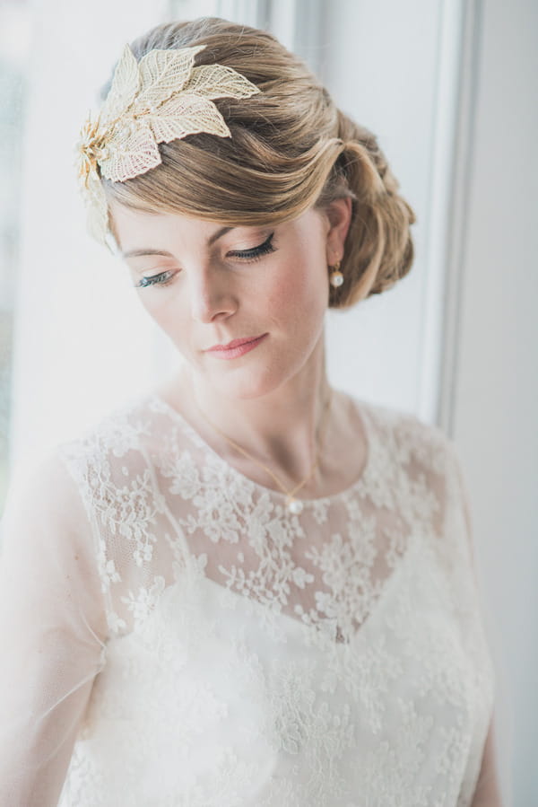 Bride with lace detailed wedding dress