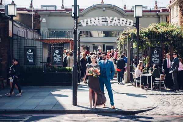 Bride and groom outside the Vineyard in Islington