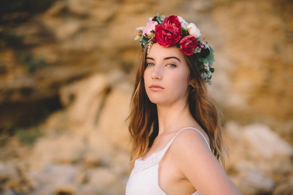 Bohemian bride wearing flower crown