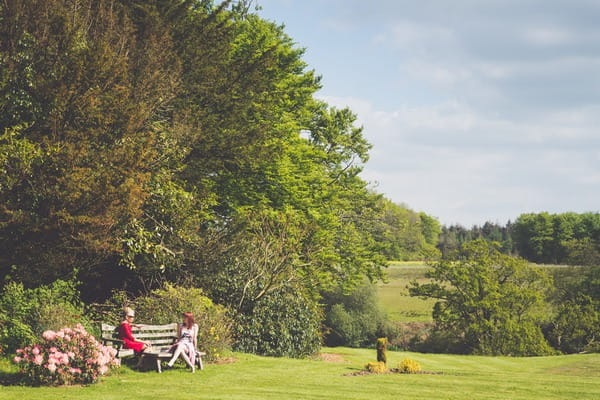 Wedding guests sitting on bench in garden of Buckland House