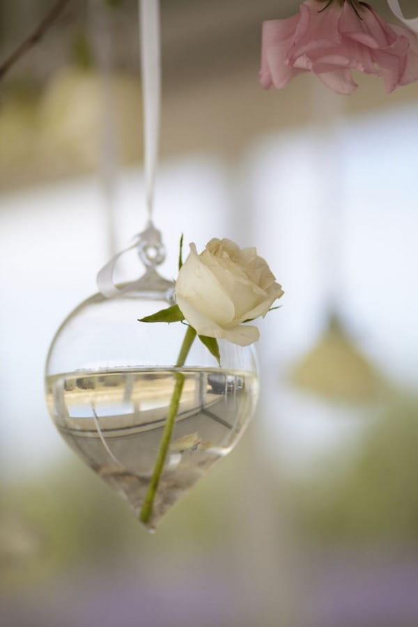 Rose in small vase hanging from ceiling