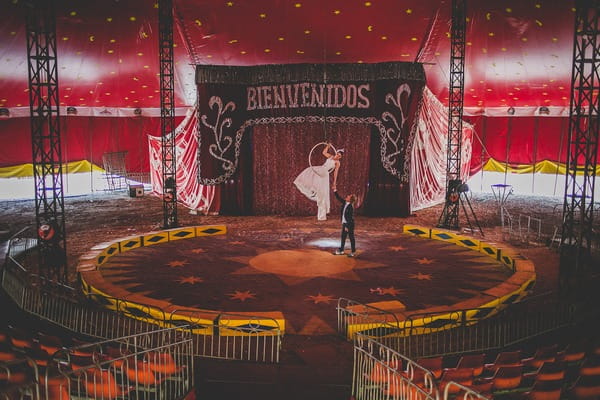 Bride and groom trapeze act in circus